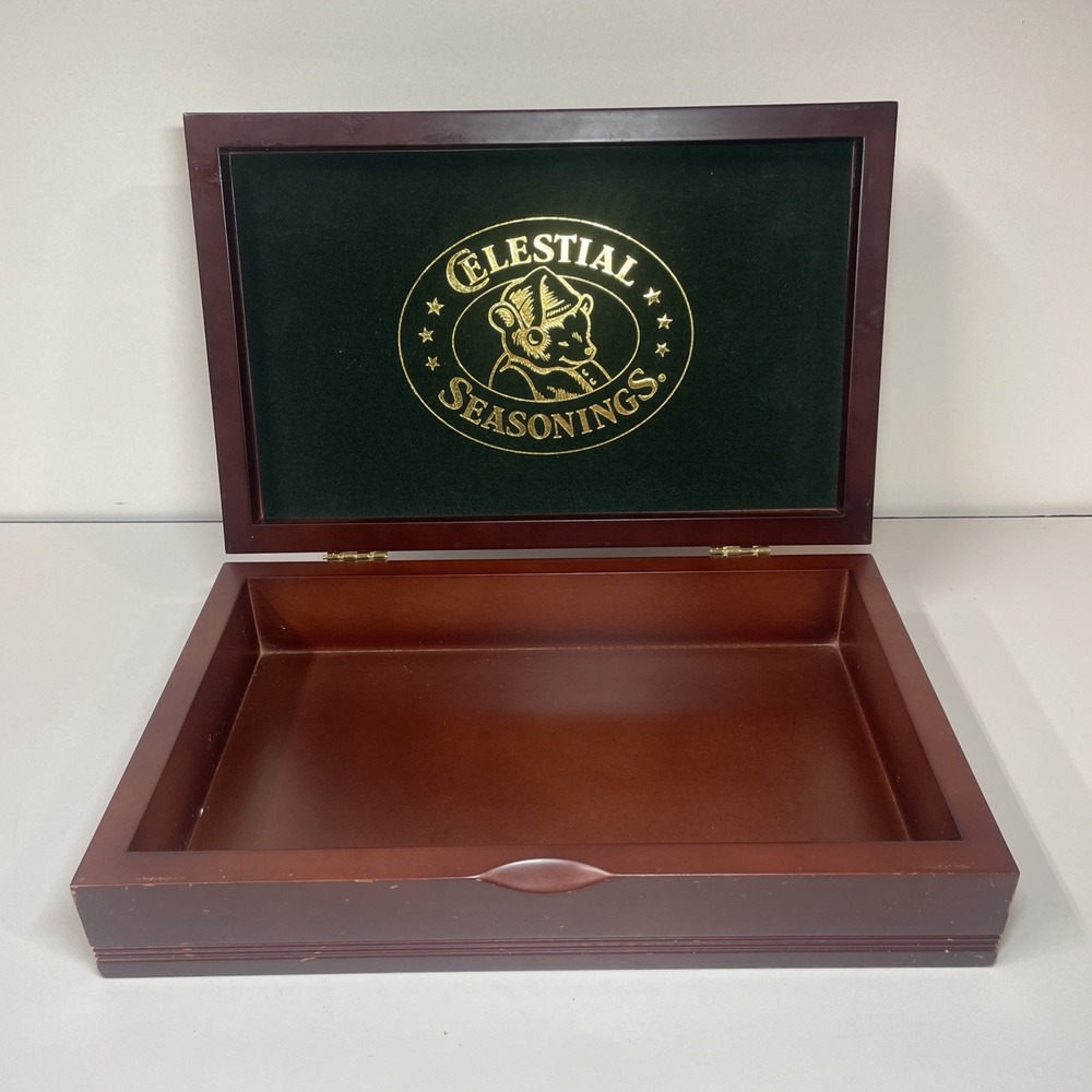 Celestial Seasonings Wooden Tea Chest Box - Velvet Lined Vintage Display Storage